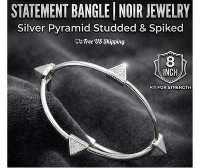 Noir Jewelry Silver Bangle Bracelet Pyramid Cone Studded Spiked Statement 8''