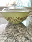 Vintage Pyrex #443 Sage Gold Medallion Cinderella Mixing Bowl 2.5 Qt W/ Lid RARE