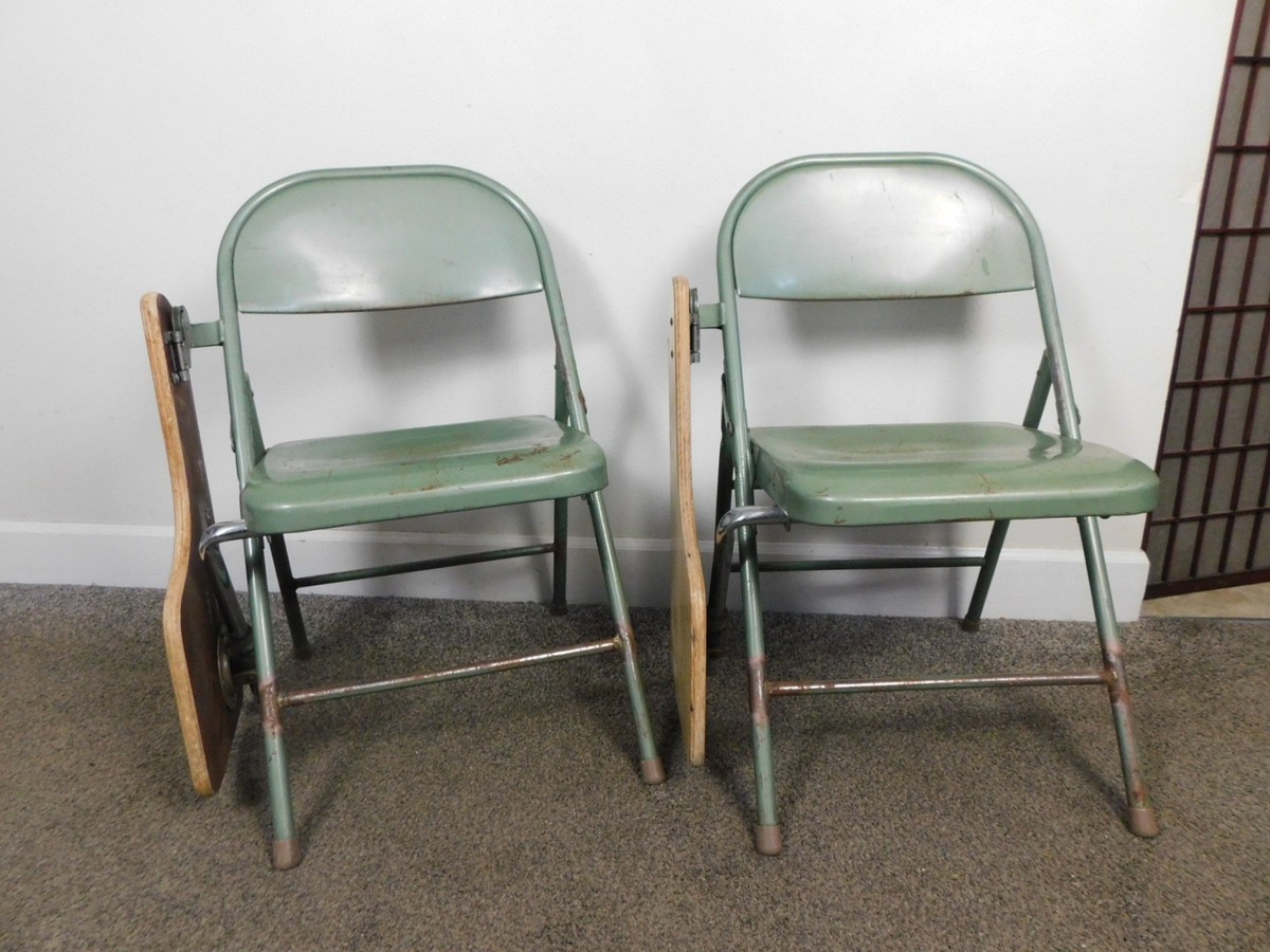2 c1970 Folding Metal Desk Chair Combo Old School Vintage 1960s
