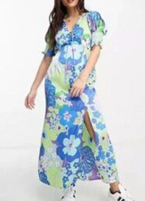 ASOS Design Vibrant Floral Maxi Dress Blue Lime puff sleeves side slit 00P
