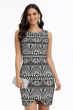 Lipsy Black White Cream Bodycon Dress 16 UK Party Mono Aztec Print Casual Smart