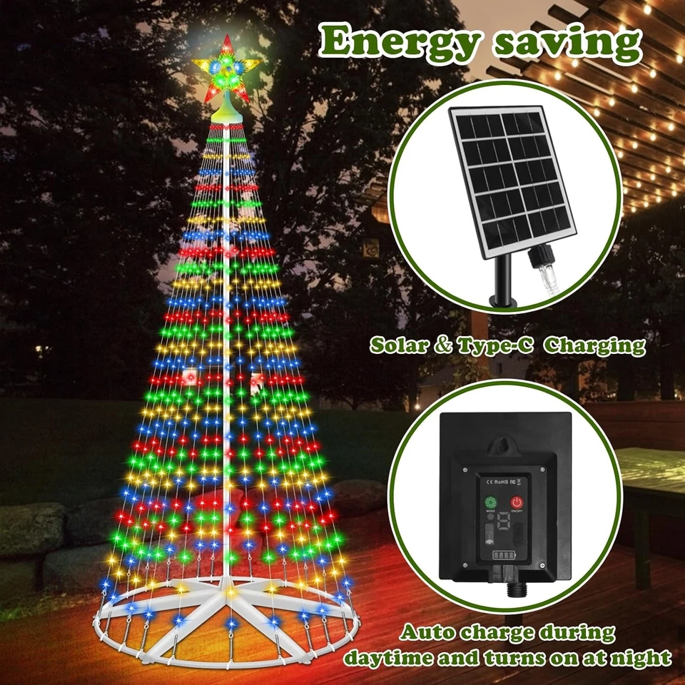 Cono de Navidad LED solar de 8 pies árbol 444 luces estrella topper temporizador remoto multicolor Foto 4 de 4