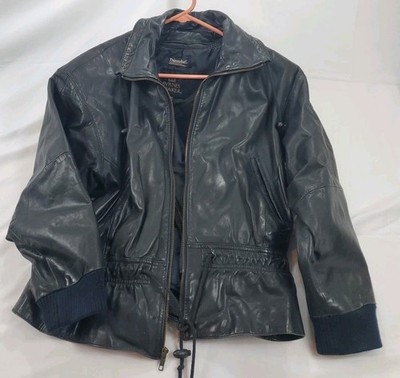Byrnes & Baker Vintage Women Black Leather Jacket Medium Drawstring Liner Biker