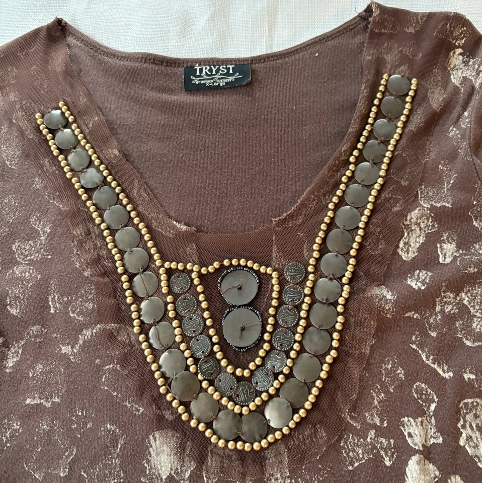 Top informal Tryst By Mathew para mujer marrón con cuentas cuello talla XL manga 3/4 Foto 2 de 4