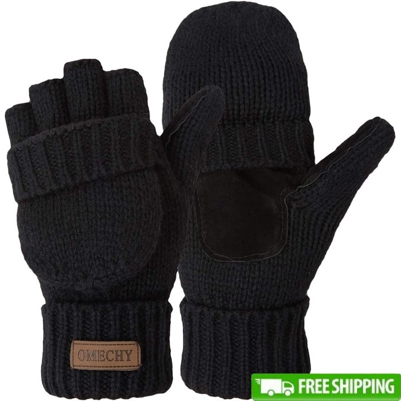 Wool Acrylic Convertible Fingerless Mittens Gloves Winter Warm Touchscreen Black