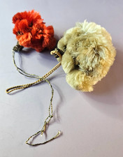 2 Fabric Antique Victorian (French?) Curtain Pom Poms Shade Pulls Red and Cream