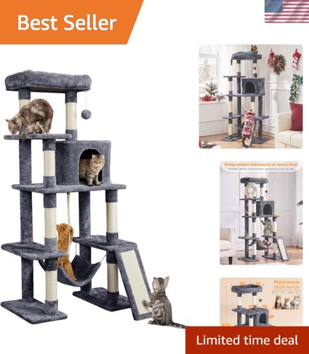 Stylish Cat Tree for All Breeds - Multi-Level 63'' Hammock & Scratching Posts