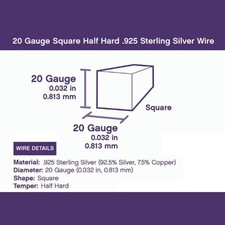 925 Sterling Silver Wire  Square  Half Hard  20 Gauge  25 ft