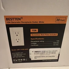 30Pack BESTTEN 15A Replace Outlet, White. Screwless Wall Plate 125VAC. USP-15-BS