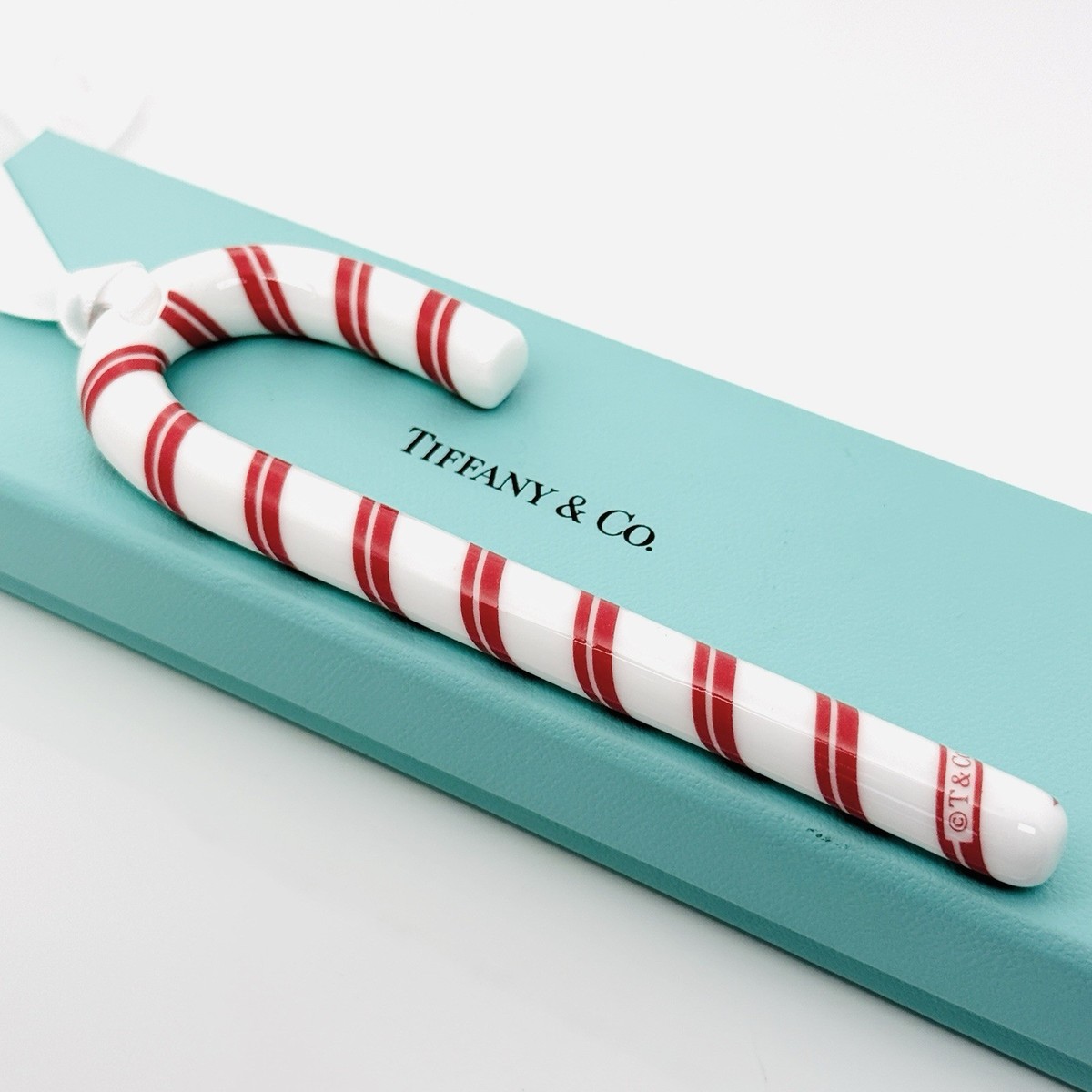 Tiffany Red White Candy Cane Christmas Holiday Ornament with Blue