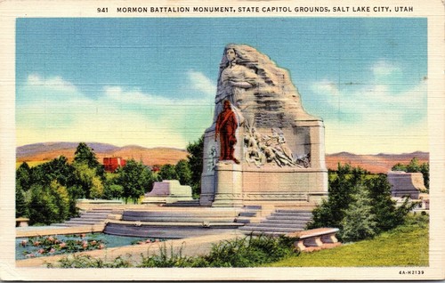Vtg Salt Lake City UT Mormon Battalion Monument State Capitol 1930s Postcard
