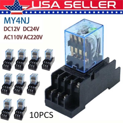 #ad 10pcs MY4NJ 12 24 110 220V Coil Power Relay DIN Rail Mounted 14Pin W Base PYF14A $33.55