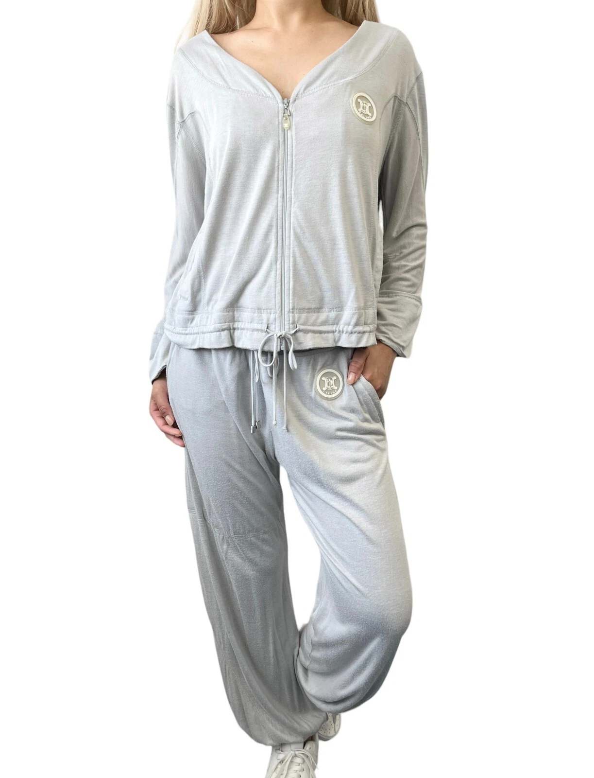 CELINE Vintage Track Suits Set #S #L Maglia Top Pantaloni Logo Rayon Grigio Rank AB