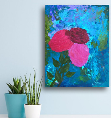 Original oil painting with pink and ruby rose flowers, Colorful floral art