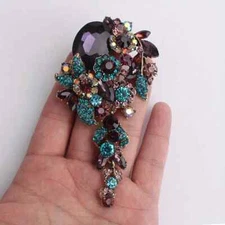 Woman Vintage Flower Cluster Long Pendant Brooch Pin Purple Rhinestone Crystal