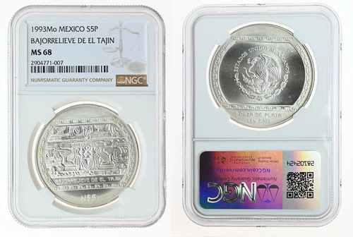 MEXICO 5 Pesos 1993 Silver 1oz. NGC MS68 Veracruz 'Bajorelieve De El Tajin'