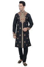 Ethnic Indian Black Designer Kurta Sherwani for Men's 2pc Suit-Worldwide Postage