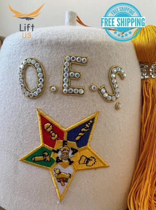 ORDEN DE SOMBRERO EAST STAR FEZ OES FEZ, HECHO A MEDIDA OES FEZ GORRA BLANCA RhineStone Foto 2 de 4