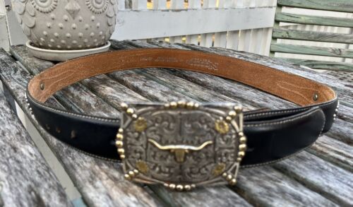 Nocona Belt Co Size 40 (36-38) Genuine Black Leather Belt & Western Steer Buckle