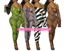 Women Leopard Print Sheer Mesh Night Club Party Off Shoulder Jumpsuit Romper 