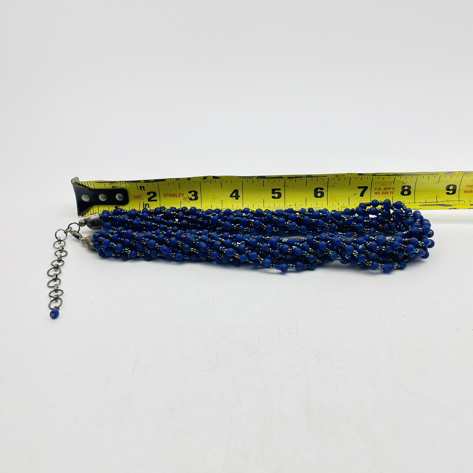 Cobalt Blue Satin Twist Bead Necklace Dark Iridescent Accents Silver
