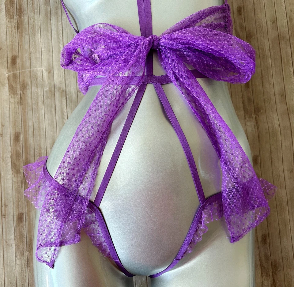 Victorias Secret Strappy Mesh Bow Open Cup Crotchless Teddy Playsuit XL Purple - Image 3 of 4
