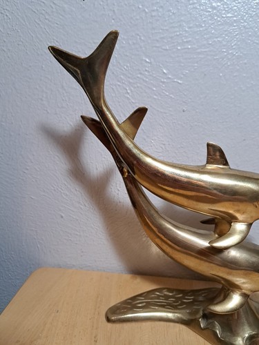 2 Dolphins Brass Sculpture Nautical Sea Ocean Decor Large 10” Tall Made in India - Picture 13 of 21