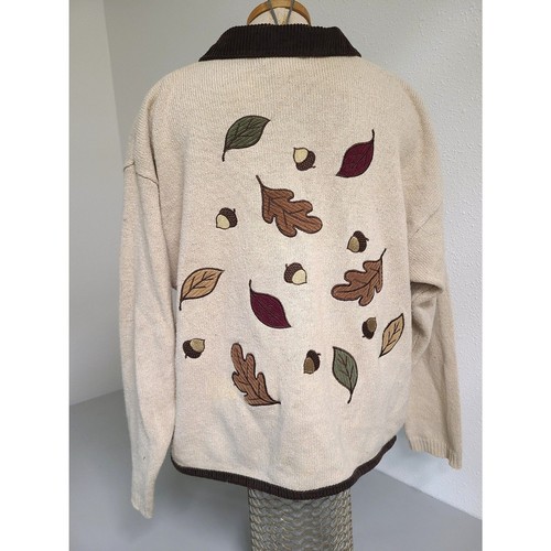 Vtg Mandal Bay 90s XXL Ramie Wool Applique Cardigan Fall Leaves Teacher Sweater - Picture 5 of 8
