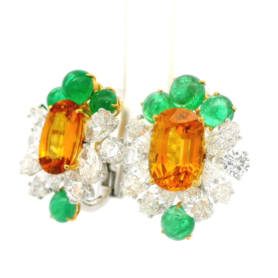 Pendientes de diamantes esmeralda zafiro amarillo naranja de 15,81 quilates de platino y oro GIA Foto 3 de 4