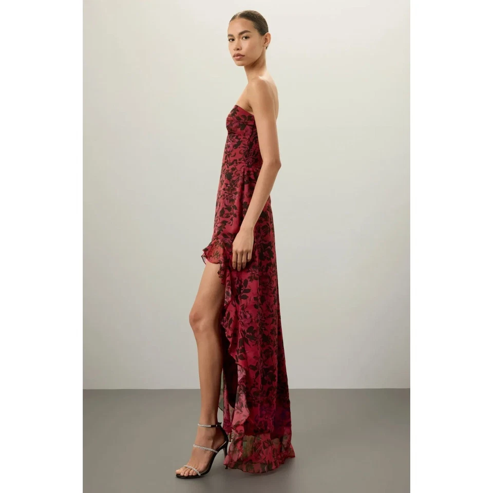 Maxi Vestido Amanda Uprichard Eden Sin Tirantes Floral Volantes Rosa Negro Talla M Foto 3 de 4