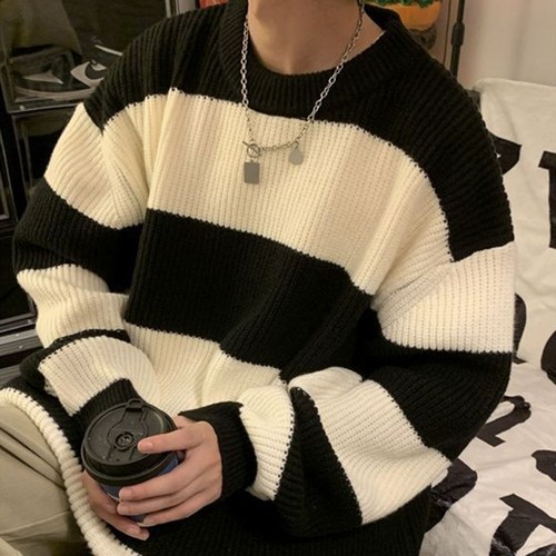Mens Striped Round Neck Knitted Sweater for Spring and Autumn Casual Wear - Picture 12 of 48
