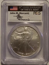 2007 $1 SILVER EAGLE PCGS GEM UNCIRCULATED JOHN MERCANTI SIGNED FLAG LABEL