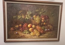 BEAUTIFUL STILL LIFE LARGE BASKET OF FRUIT - ORIGINAL OIL ON CANVAS - VINTAGE