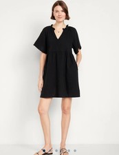 NEW Old Navy Women Crinkle Gauze Split Neck Short Sleeve Swing Dress Black S NWT