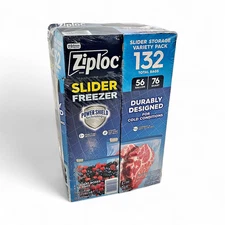 Ziploc Slider Seal Freezer Storage Bags Variety Pack 56 Gallon + 76 Quart