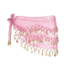 Belly Dance Hip Scarf 55x10" with 98 Gold Coin, Pink