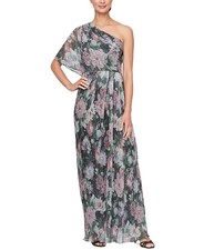 SL Fashions Women's Asymmetric-Neck Printed A-Line Gown - Black Multi - 12