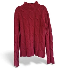 EDDIE BAUER Cherry Red Angora Lambswool Chunky Cable Knit Fisherman Sweater Sz S