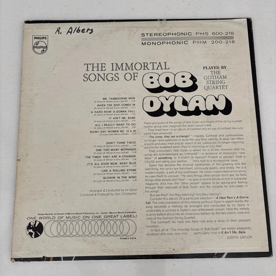 Gotham String Quartet The Immortal Songs Of Bob Dylan 1966 MONO Philips VG/VG - Image 2 of 4