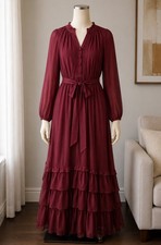 Simply Vera Vera Wang Burgundy Prairie Cottagecore Victorian Ruffle Maxi Dress S