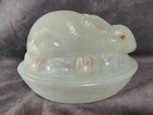 STUNNING Fenton WHITE CARNIVAL GLASS Bunny On NEST CANDY DISH ARTIST SIGNED — photo 4