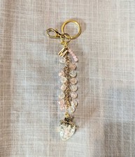 PINK  GOLD PERSONALIZED KEYCHAIN IRIDESCENT BEADS INITIAL LETTER M BAG CHARM
