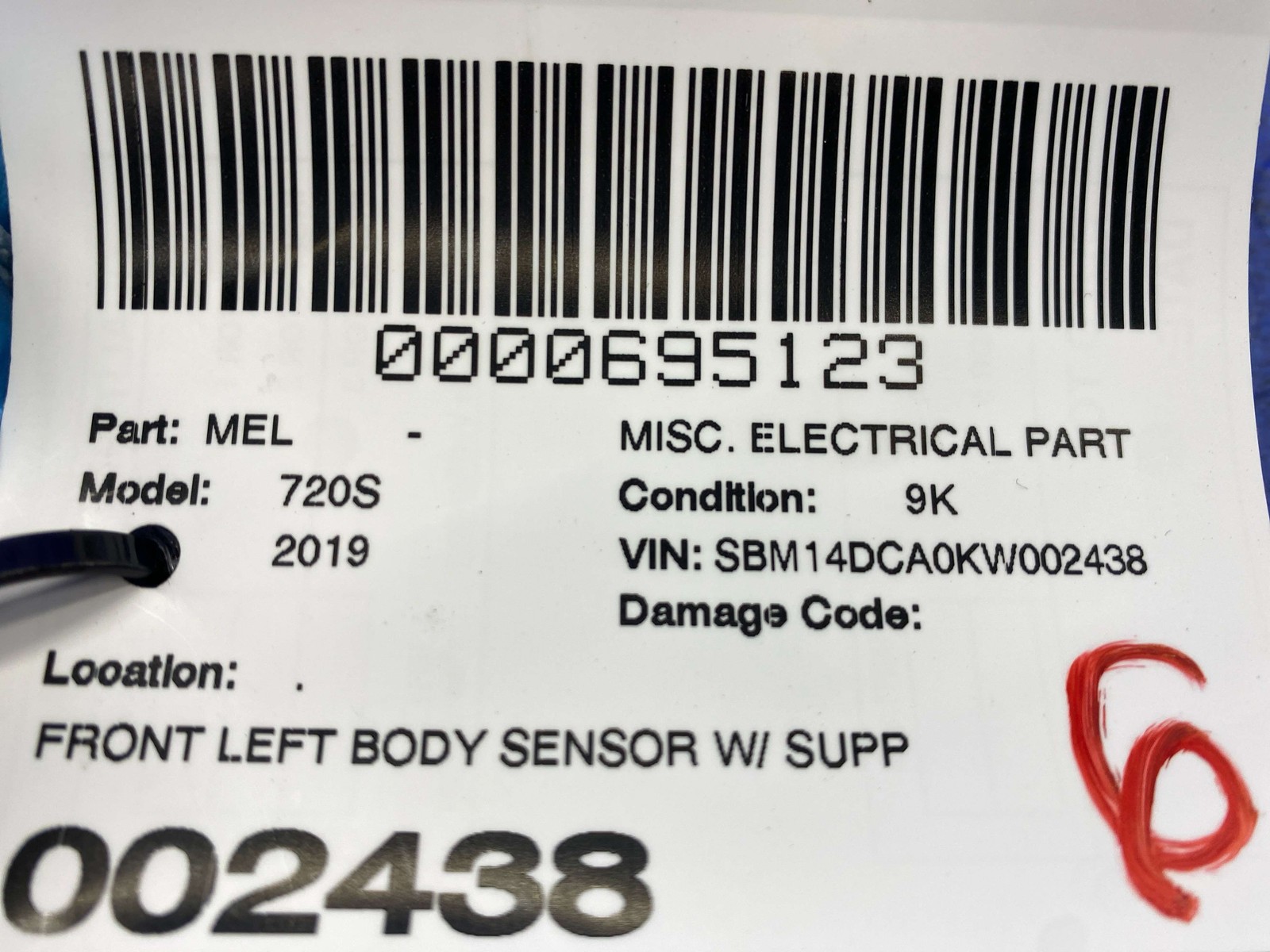 2018-2023 MCLAREN 720S FRONT LEFT BODY SENSOR W/ SUPPORT MOUNT BRACKET 14AA323CP