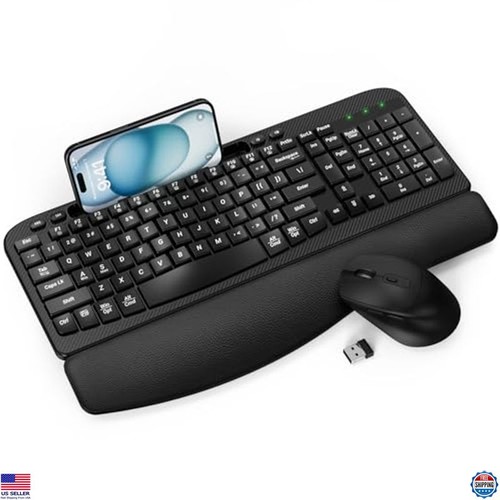 Wireless Ergonomic Keyboard & Mouse Combo, Cushioned Palm Rest, 2.4G Cordless - 第 1/6 張圖片