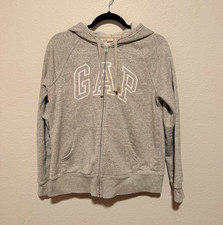 GAP Women’s Gray Logo Full Zip Hoodie S Fleece Cotton Blend Pockets Raglan