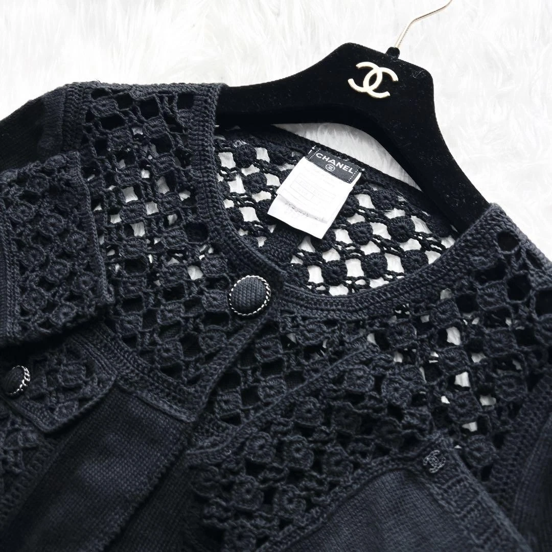 Giacca CHANEL all'uncinetto nera perla ricamata all'uncinetto maglia 40 Made in France
