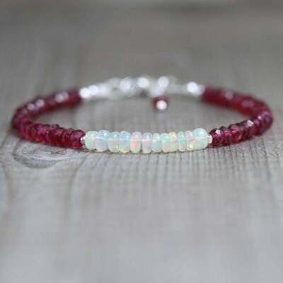 Natural Ethiopian Opal & Red Garnet Beads Bracelet In 925 Silver Clasp 8''