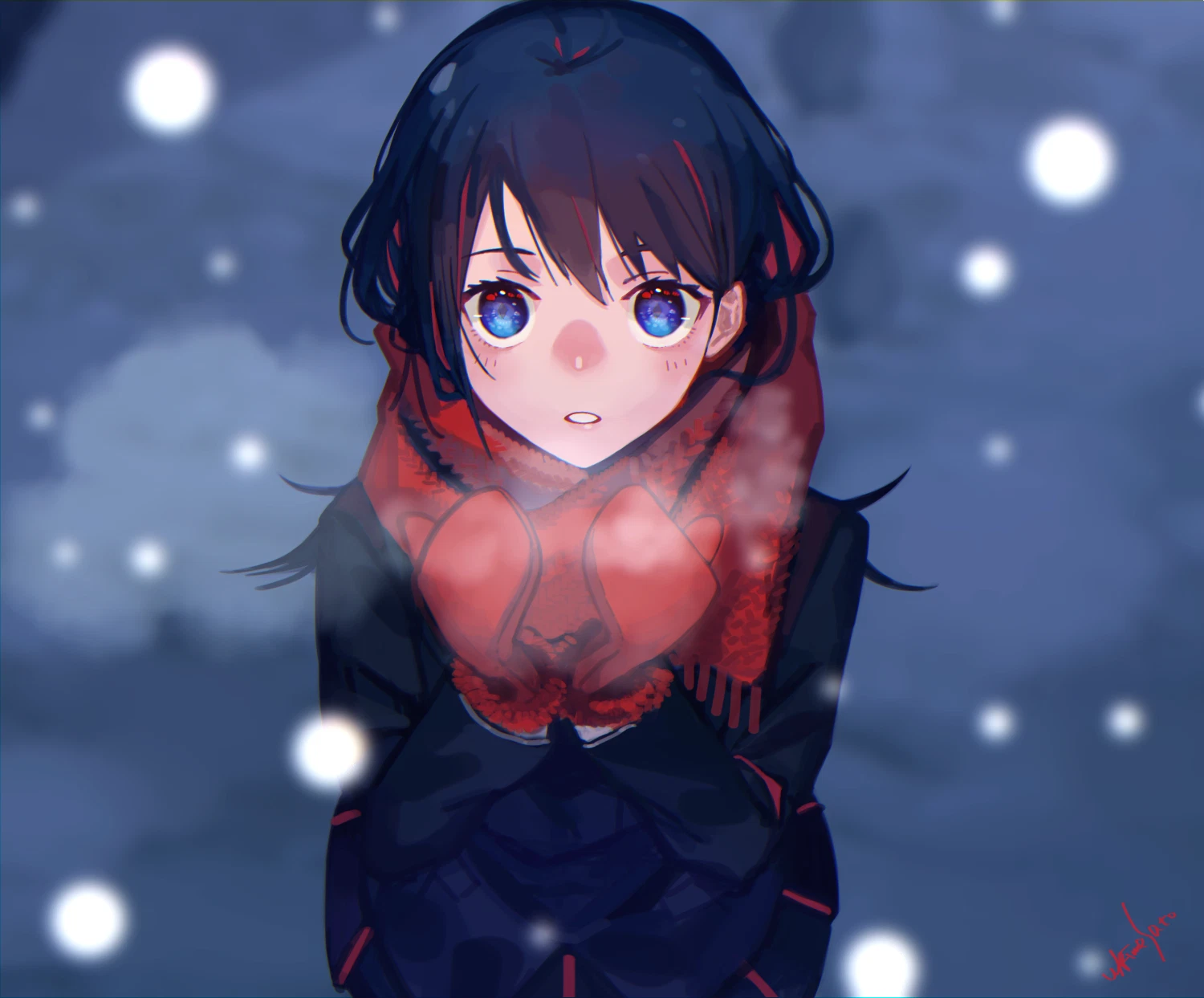 Anime girls snow sweater gloves blue eyes Play Gaming Mat Desk