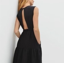 Everlane The Linen Open Back Dress Black Sleeveless Tiered Midi Size 00 NWT