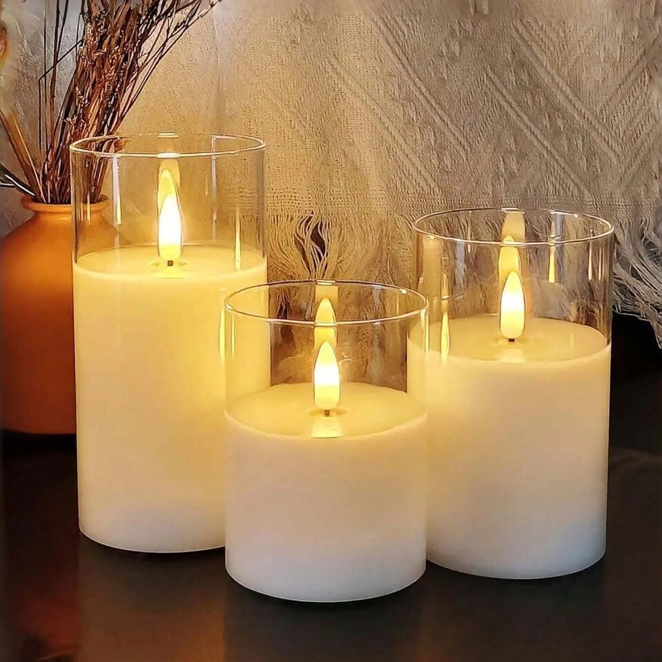 Set 3 Realistic Flameless LED Pillar Candles Acrylic Glass With Remote Control image 4